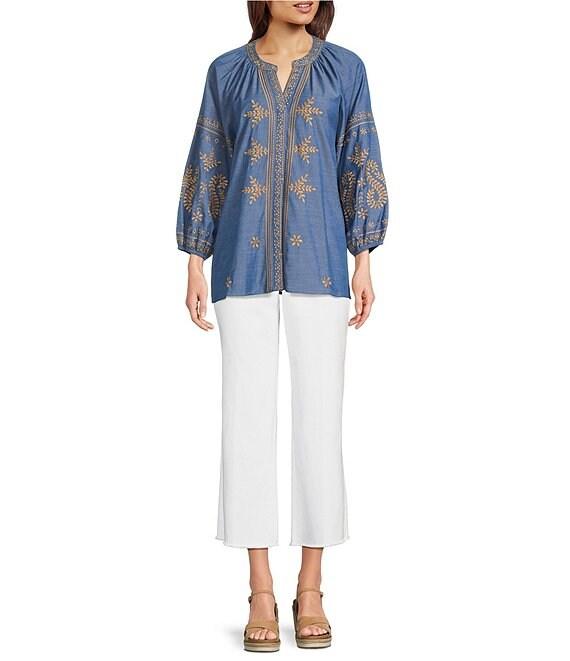 Calessa Embroidered Chambray Split V-Neck Bracelet Sleeve Tunic Product Image