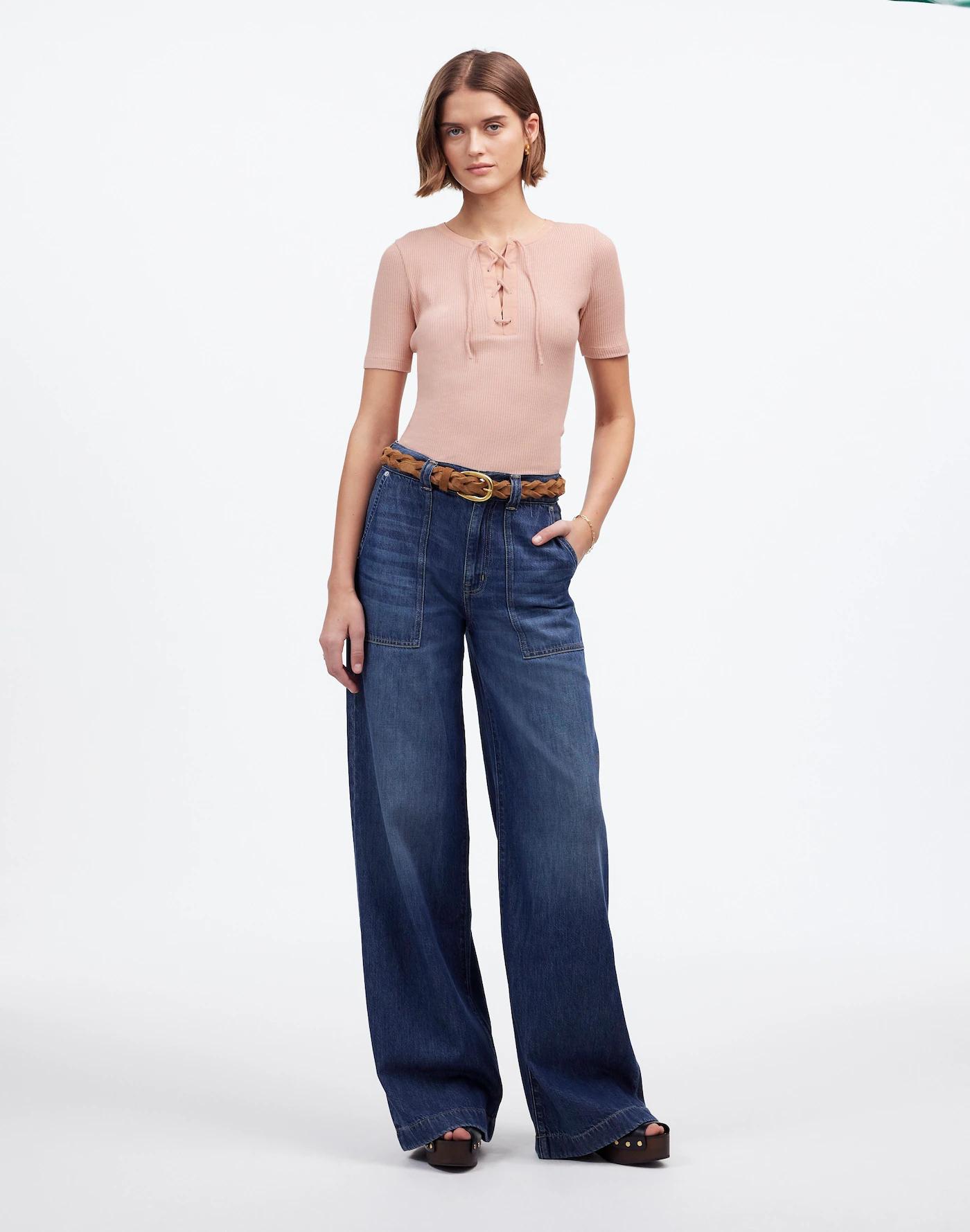 Ribbed Lace-Up Short-Sleeve Tee Product Image