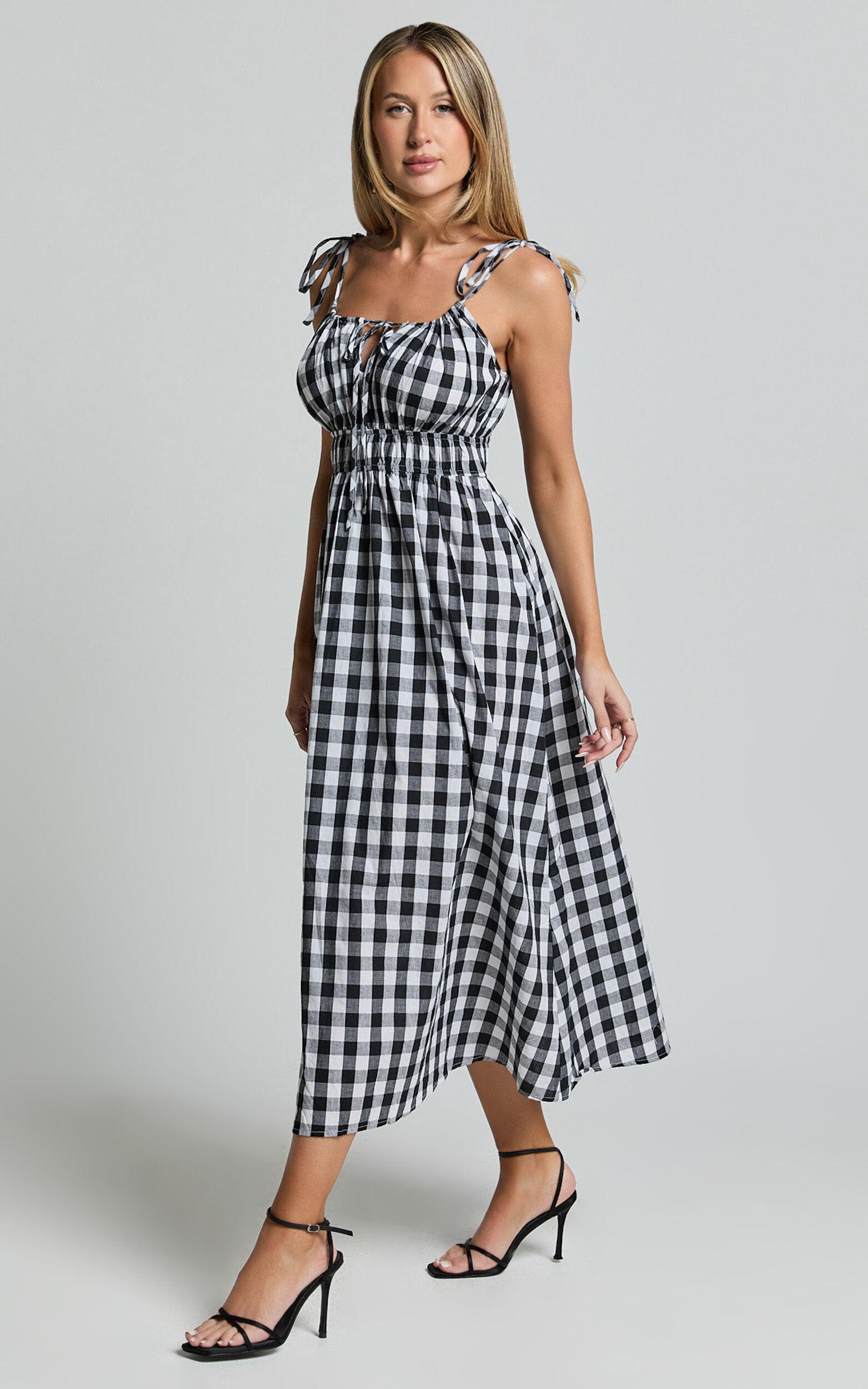 Vela Midi Dress - Strappy Tie Shoulder Elasticated Waist Dress in Black and White Gingham Product Image