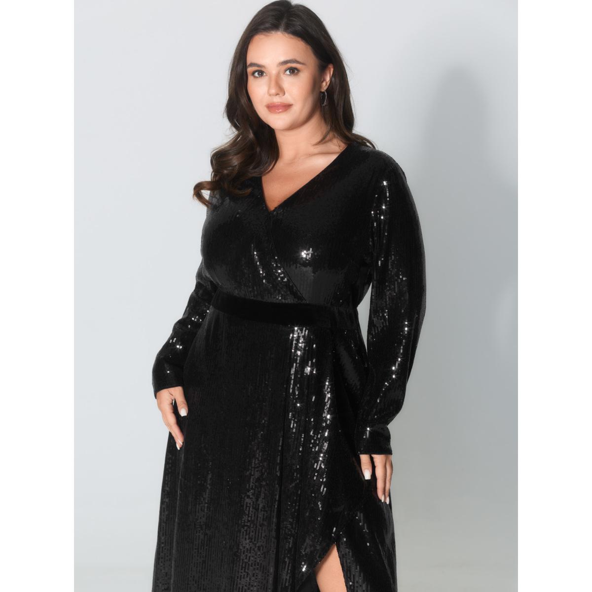 Plus Size Sparkly Sequin Waist-Defining Sheer Maxi Dress Black Women Party&Cocktail Overlap Collar Extra Long Sleeve Curvy BloomChic 26/4X Product Image