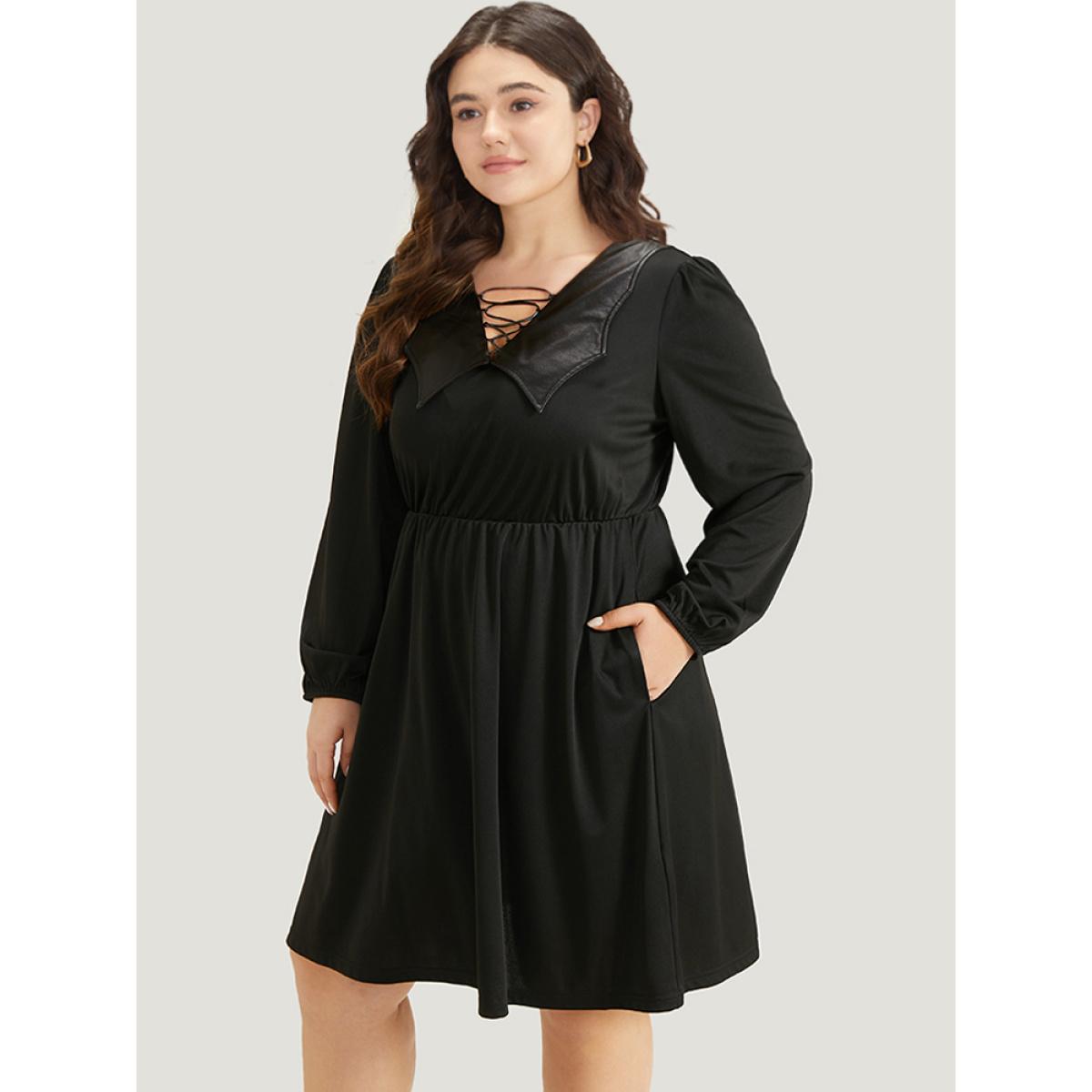 Plus Size Halloween Plain PU Crisscross Patchwork Pocket Dress Black Women Elegant Elastic cuffs V-neck Long Sleeve Curvy Knee Dress BloomChic 12/L Product Image