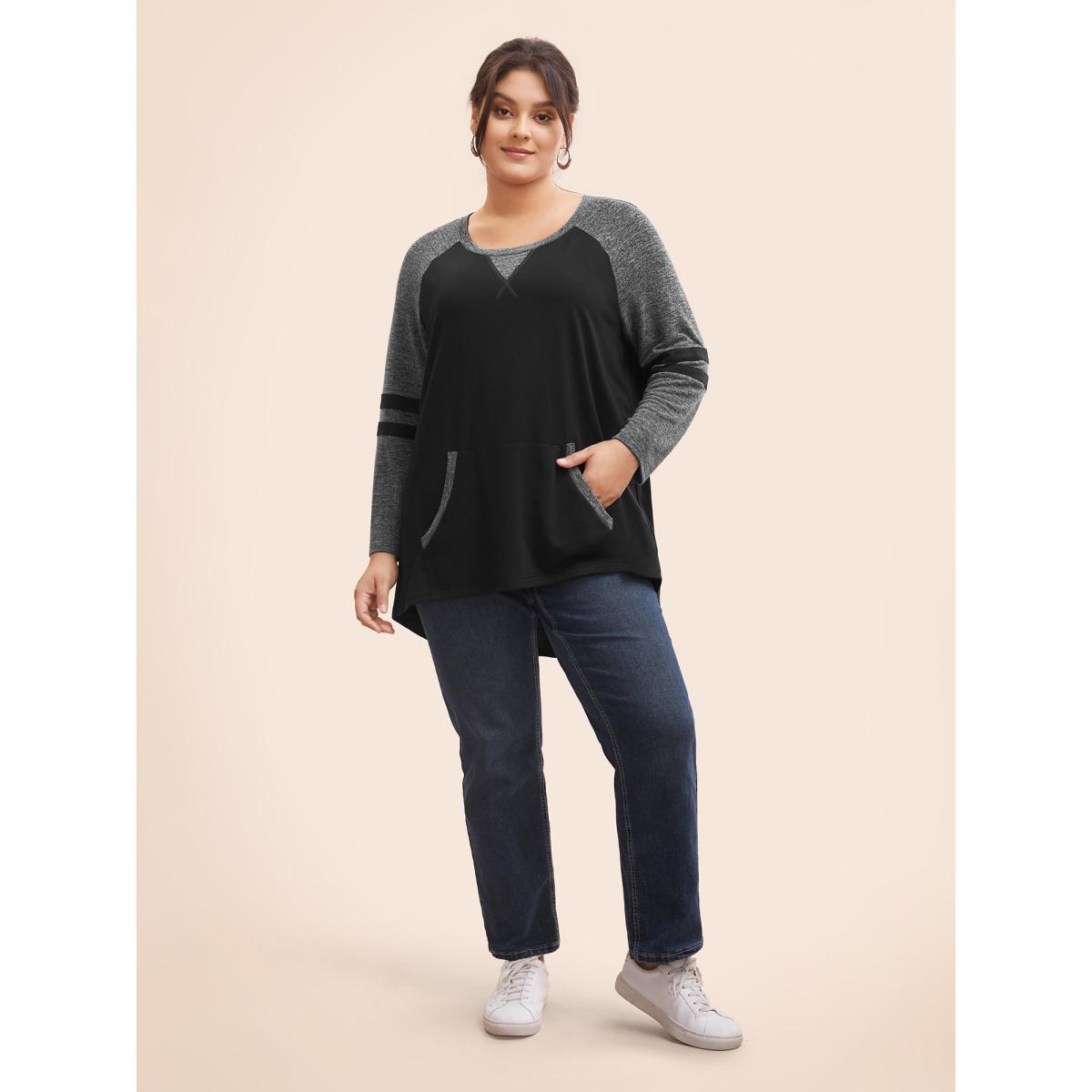 Plus Size Striped Contrast Pocket Raglan Sleeve High Low Hem Sweatshirt Women Gray Casual Contrast Round Neck Everyday Sweatshirts BloomChic 18-20/2X Product Image
