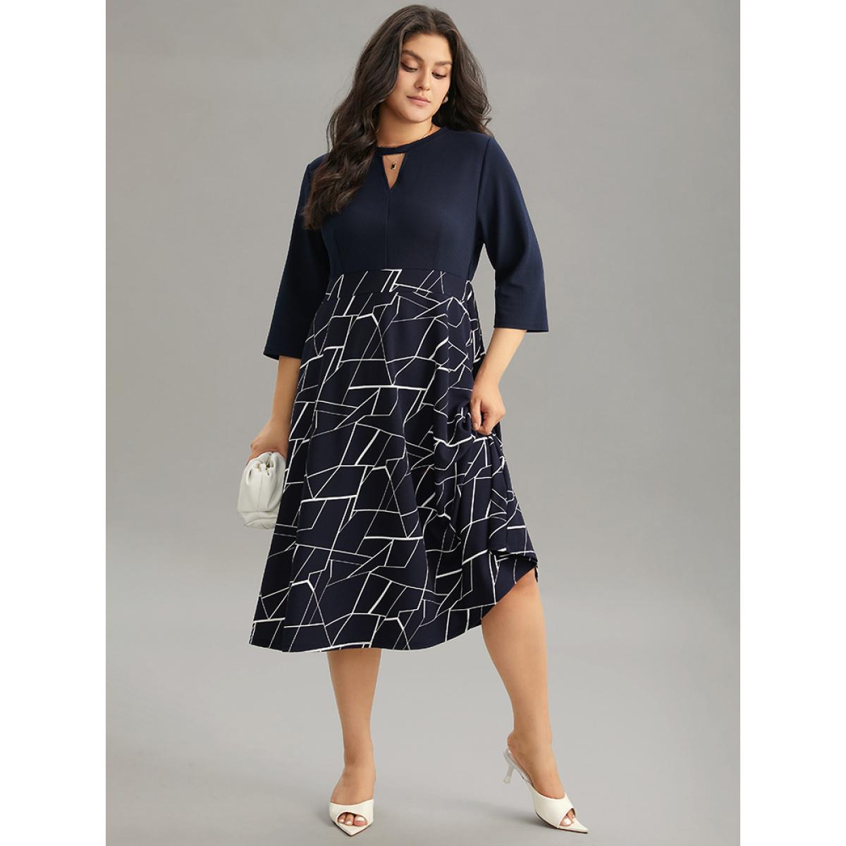 Plus Size Geometric Contrast Keyhole Elastic Waist Dress Indigo Women Office Contrast Keyhole Cut-Out Elbow-length sleeve Curvy Midi Dress BloomChic 30/6X Product Image
