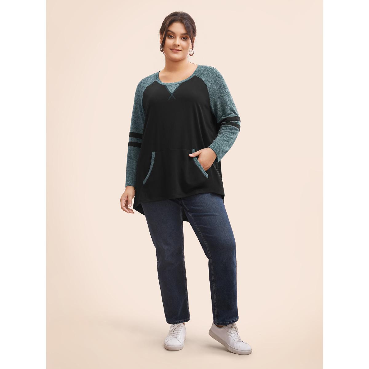 Plus Size Striped Contrast Pocket Raglan Sleeve High Low Hem Sweatshirt Women Emerald Casual Contrast Round Neck Everyday Sweatshirts BloomChic 30/6X Product Image