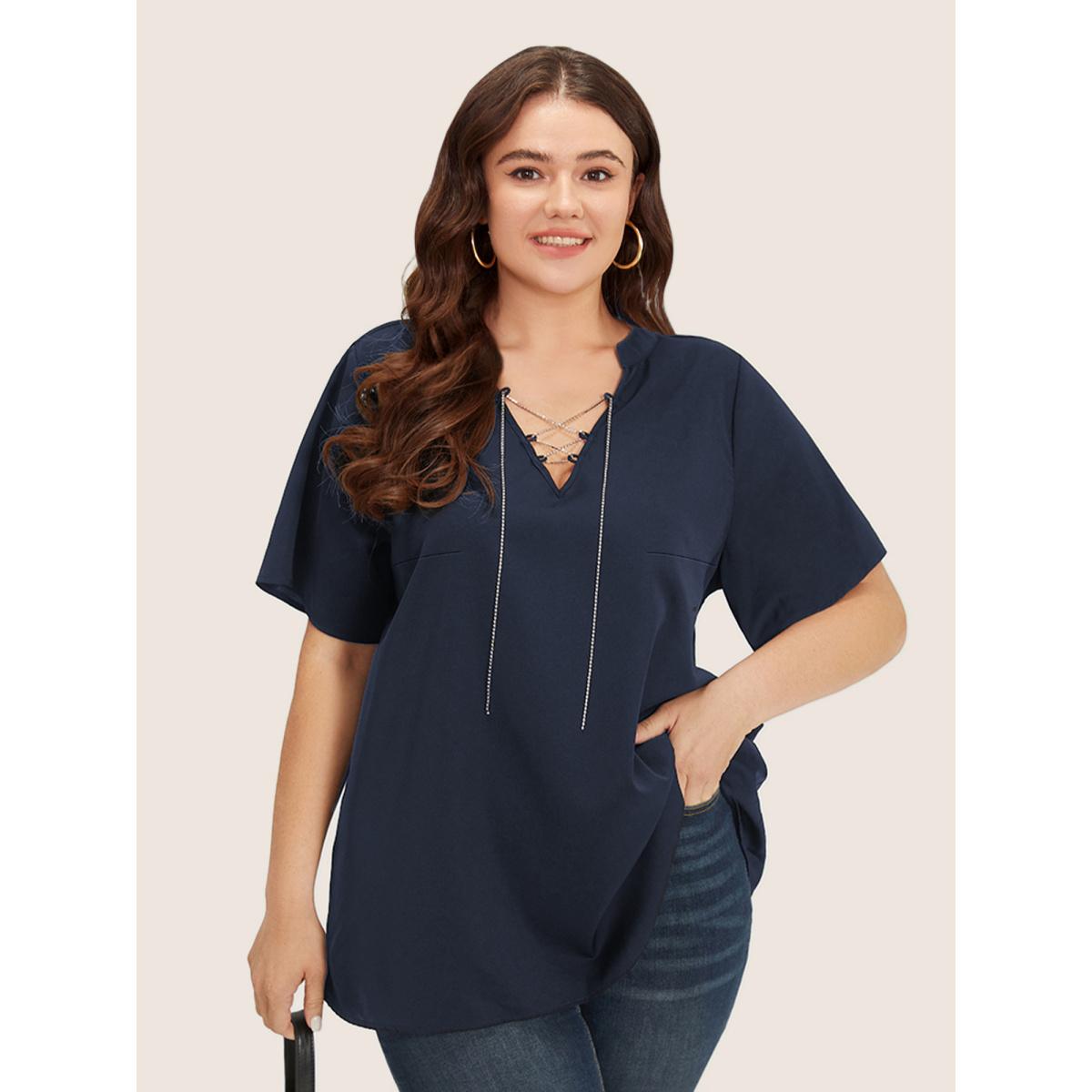 Plus Size Indigo Solid Crisscross Notched Metal Decor Blouse Women Office Short sleeve Notched collar Office Blouses BloomChic 10/M Product Image