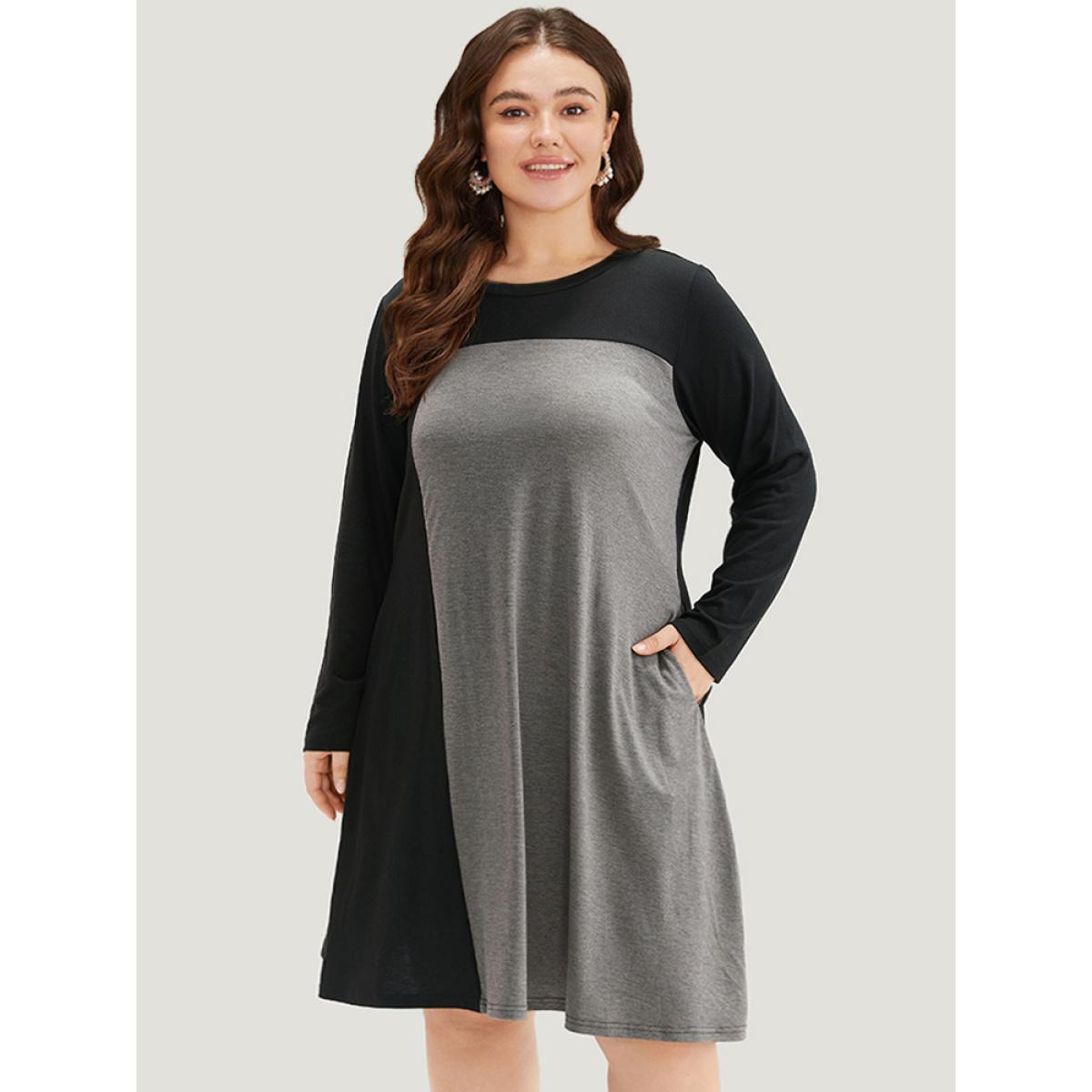 Plus Size Supersoft Essentials Two Tone Pocket Dress Black Women Casual Patchwork Round Neck Long Sleeve Curvy Knee Dress BloomChic 28/5X Product Image