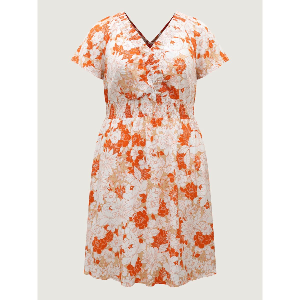 Plus Size Shirred Neck Floral Print Midi Dress Brightorange Women V-neck Cap Sleeve Curvy BloomChic 26/4X Product Image