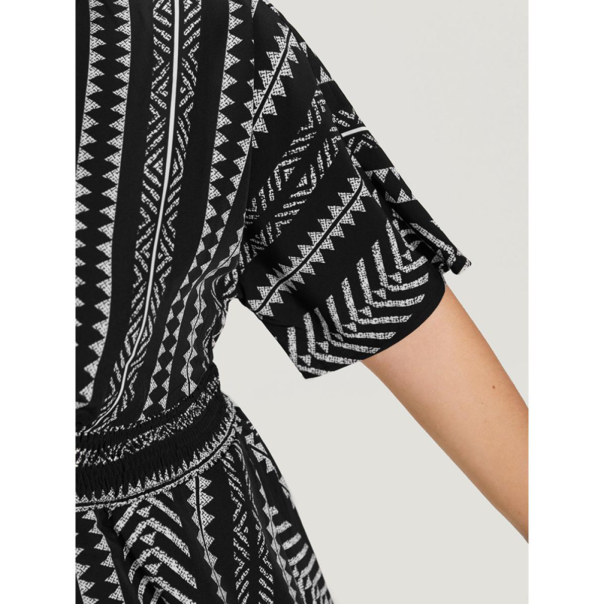 Plus Size Black Bandana Print High Low Hem Patchwork Blouse Women Elegant Short sleeve Deep V-neck Vacation Blouses BloomChic 14-16/1X Product Image