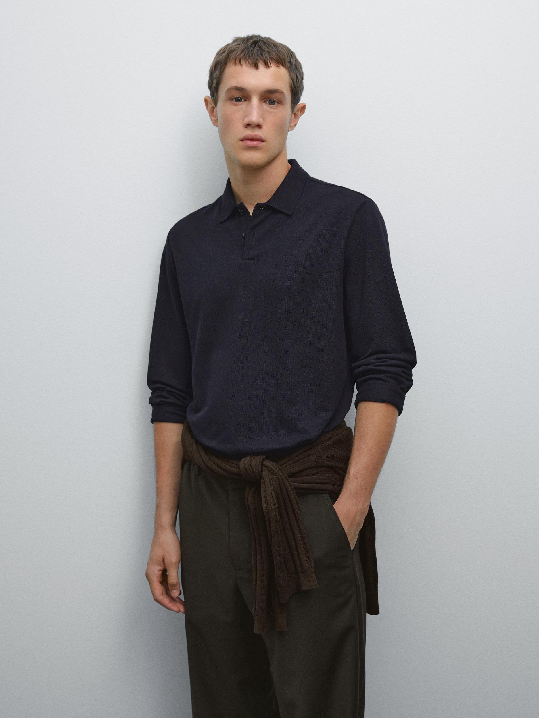 Long sleeve mercerised cotton piqué polo shirt Product Image