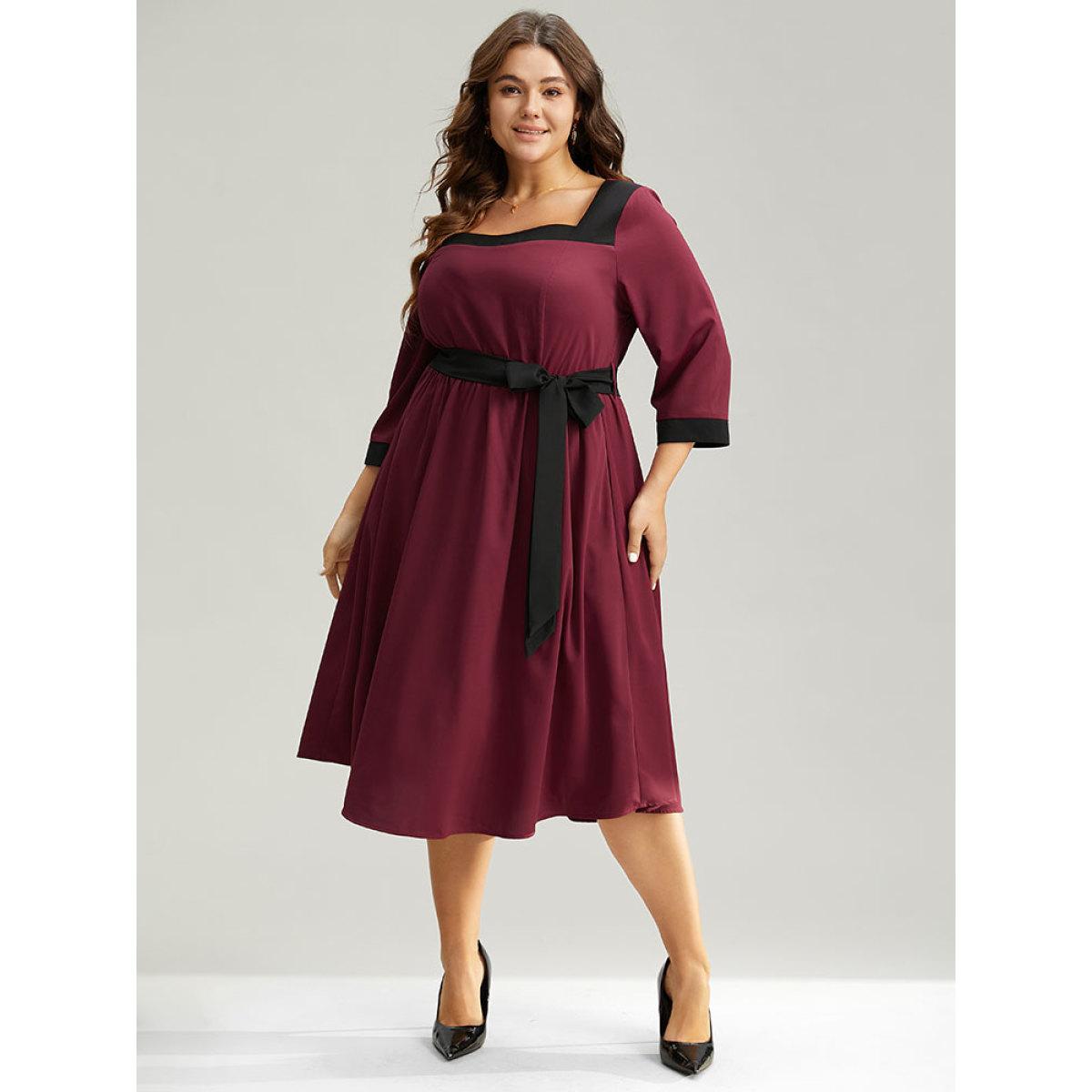 Plus Size Anti-Wrinkle Two Tone Patchwork Square Neck Dress Burgundy Women Elegant Belted Square Neck Elbow-length sleeve Curvy Midi Dress BloomChic 18-20/2X Product Image