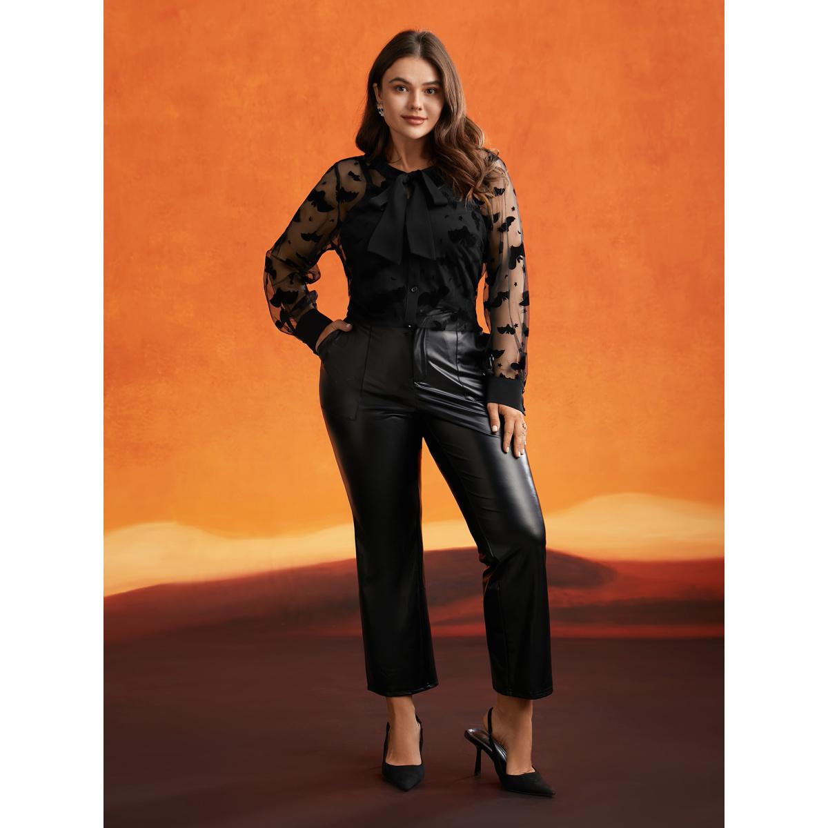 Plus Size Black Bats & Bows Ribbon Collar Blouse Women Elegant Long Sleeve Ribbon-tied collar Everyday Blouses BloomChic 28/5X Product Image