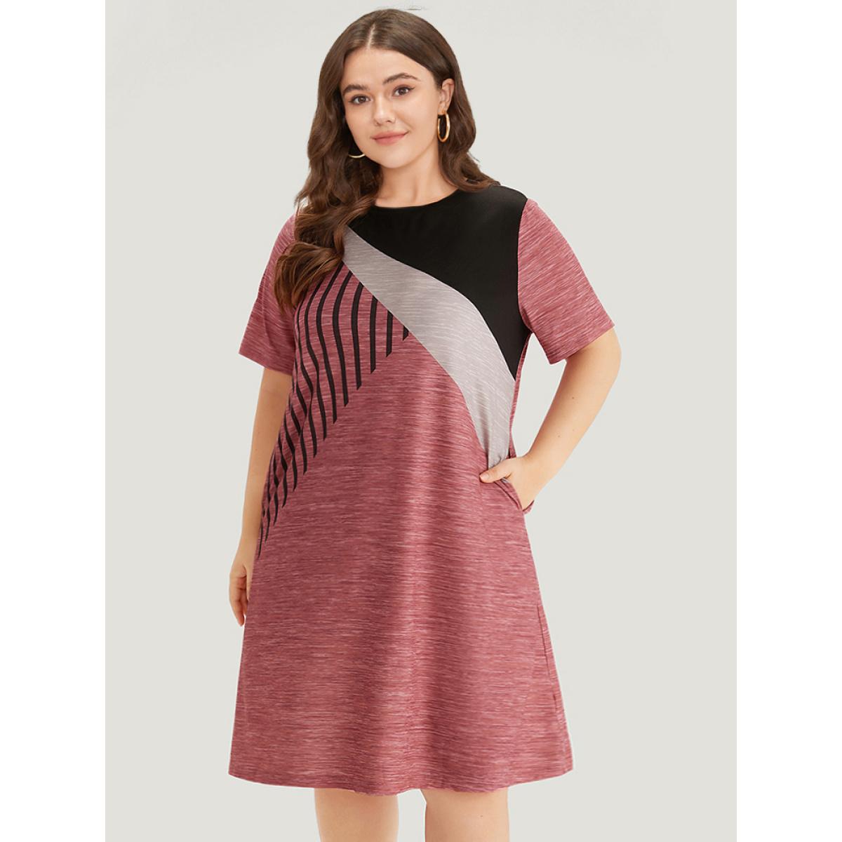 Plus Size Colorblock Contrast Striped Pocket Crew Neck Dress Russet Women Casual Patchwork Round Neck Short sleeve Curvy Midi Dress BloomChic 28/5X Product Image