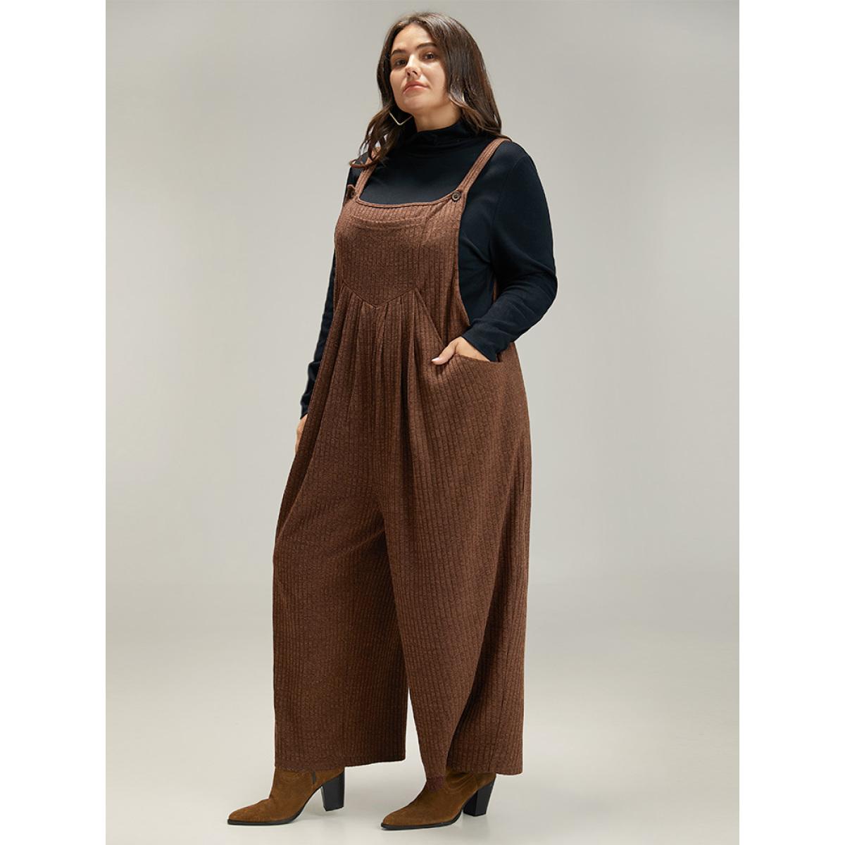 Plus Size DarkBrown Solid Pocket Pleated Adjustable Straps Jumpsuit Women Casual Sleeveless Spaghetti Strap Dailywear Loose Jumpsuits BloomChic 12/L Product Image