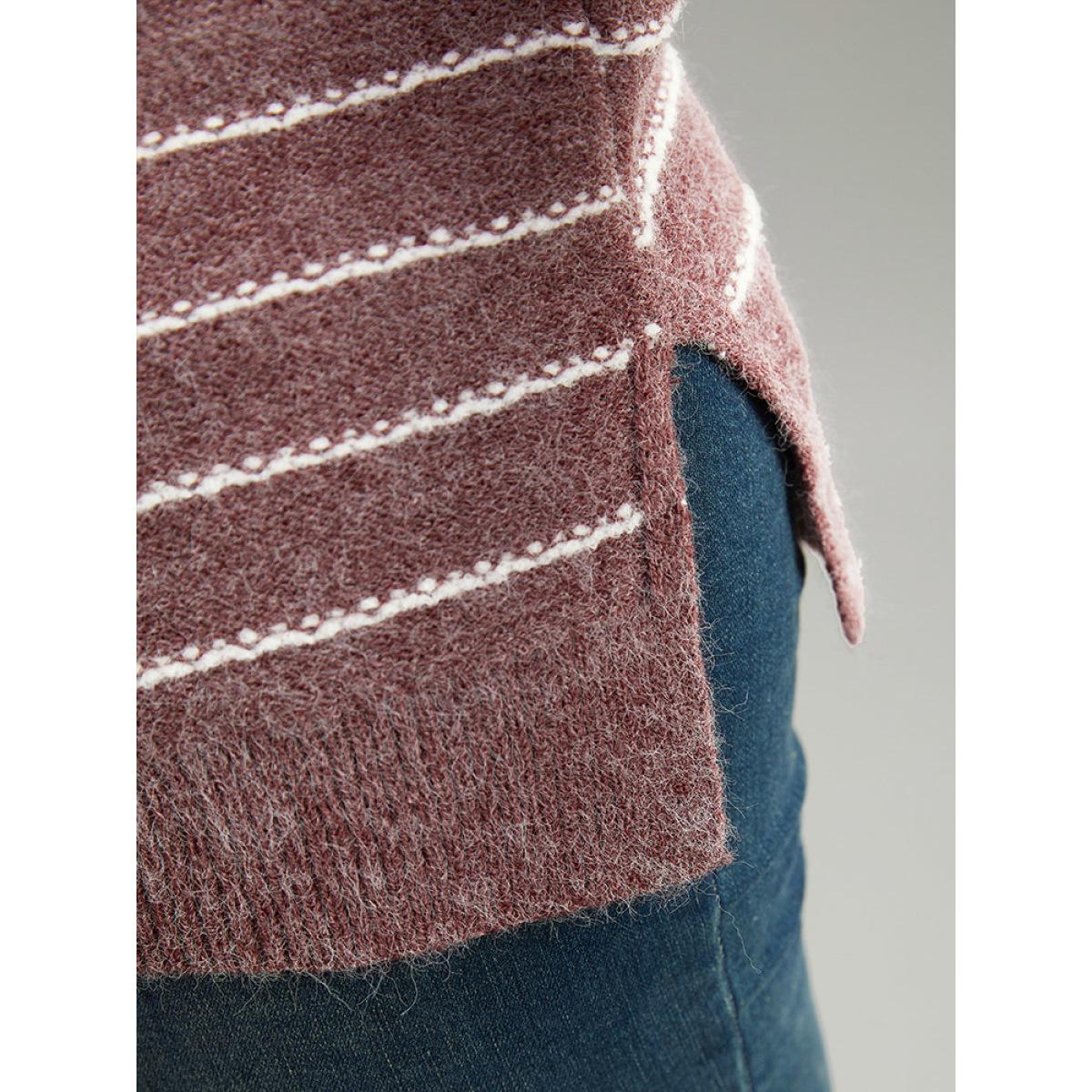 Plus Size Striped Heather Turtleneck Split Hem Pullover Burgundy Women Casual Loose Long Sleeve Turtleneck Everyday Pullovers BloomChic 12/L Product Image