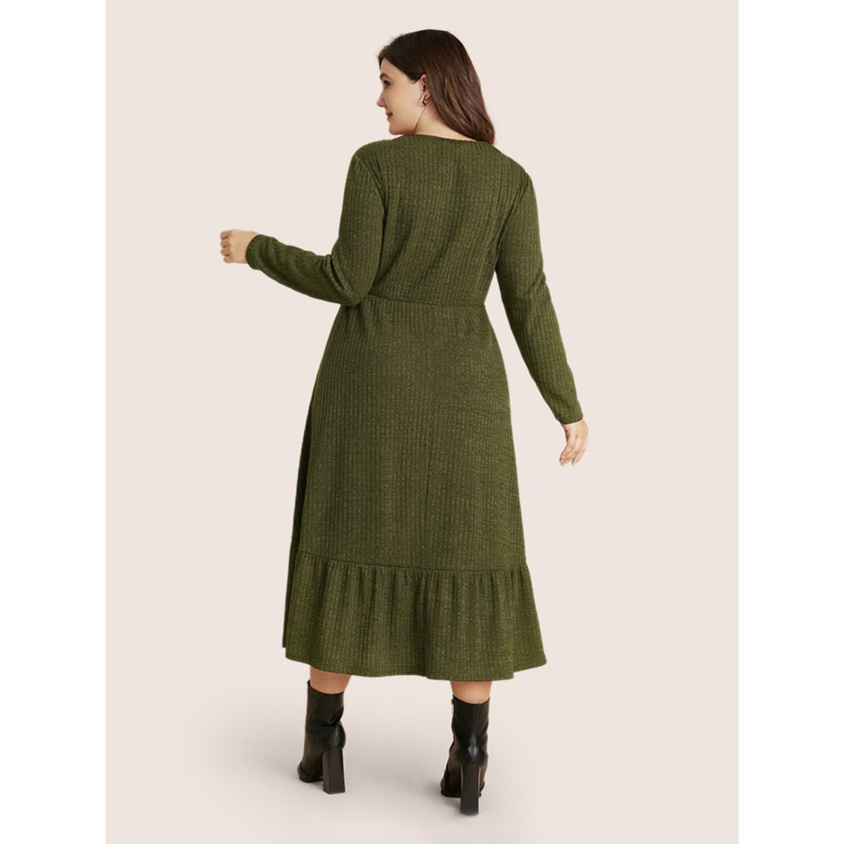 Plus Size Solid Pocket Rib Knit Ruffle Hem Dress Without Belt Aegean Women Leisure Non Round Neck Long Sleeve Curvy Midi Dress BloomChic 26/4X Product Image