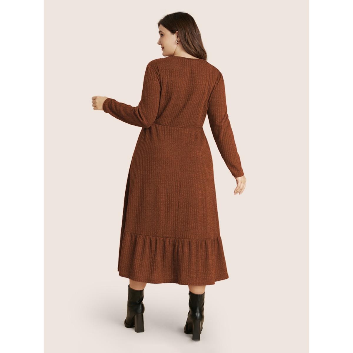 Plus Size Solid Pocket Rib Knit Ruffle Hem Dress Without Belt Coral Women Basics Non Round Neck Long Sleeve Curvy Midi Dress BloomChic 14-16/1X Product Image