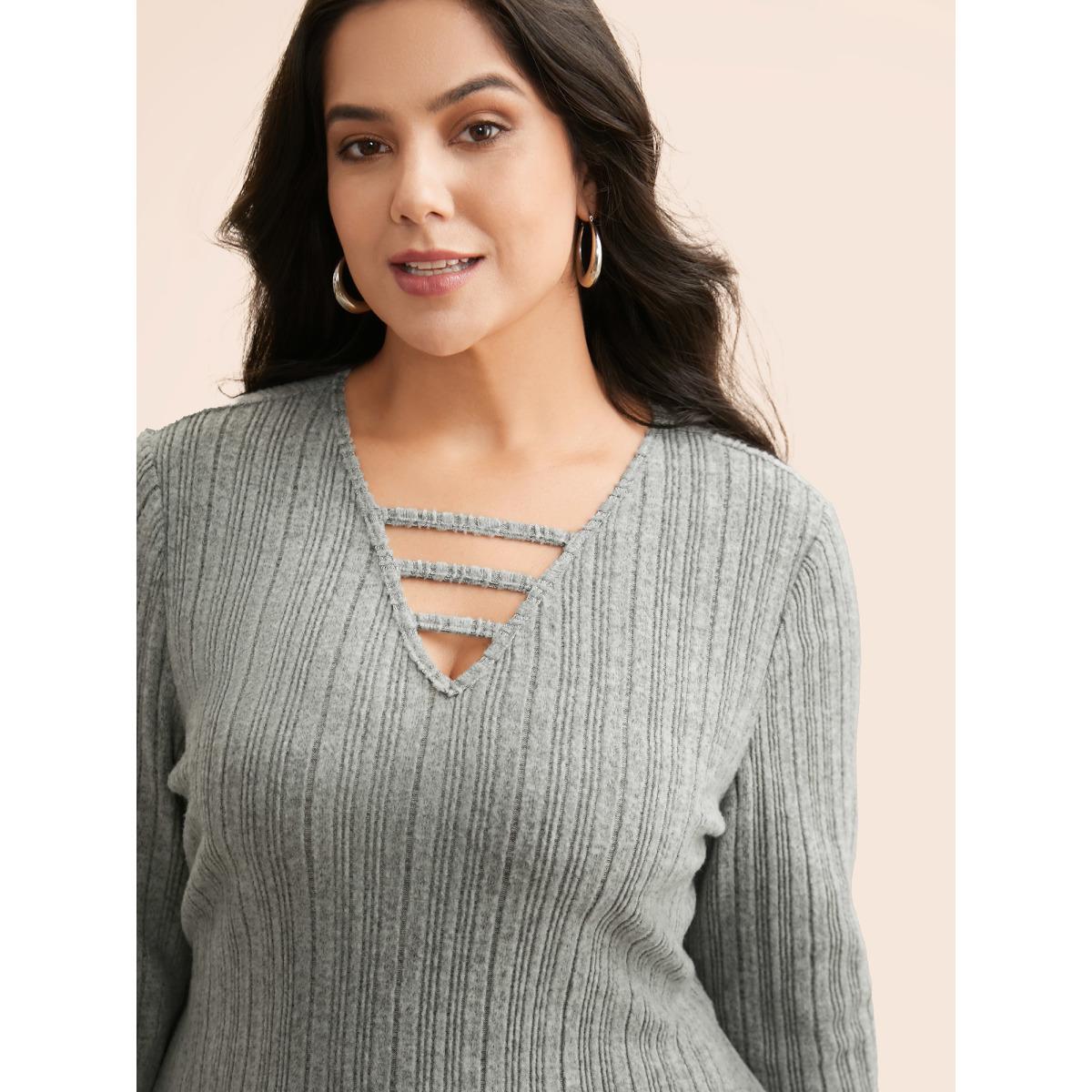 Plus Size Airy Cozy Neck Cut-Out Midi Dress Mediumgray Women Leisure Texture Knit Dresses Bloomchic 22-24/3X Product Image