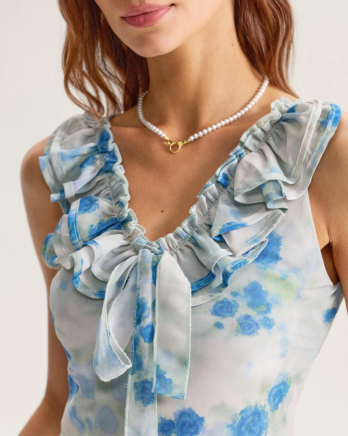 Blue Floral Ruffle V Neck Sleeveless Midi Dress Product Image