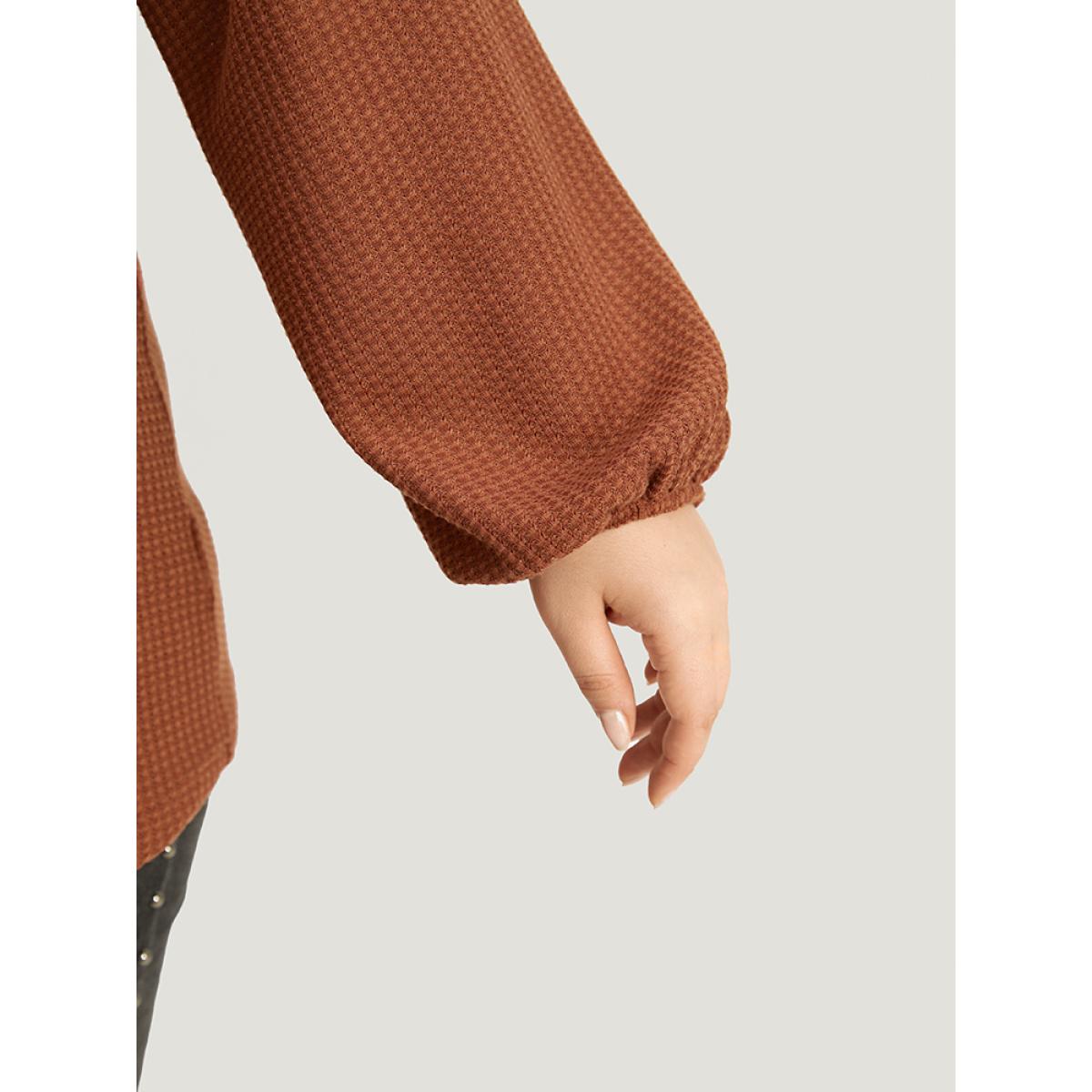 Plus Size Halloween Solid Waffle Knit Button Up Lantern Sleeve T-shirt Chocolate Women Casual Elastic cuffs Plain V-neck Festival-Halloween T-shirts BloomChic 28/5X Product Image