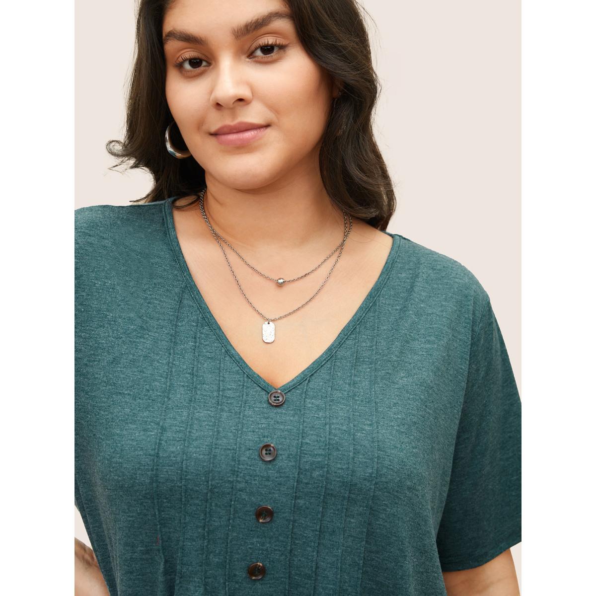 Plus Size Solid Pleated Front Button Detail V Neck T-shirt DarkGreen Women Casual Button Plain Everyday T-shirts BloomChic 30/6X Product Image