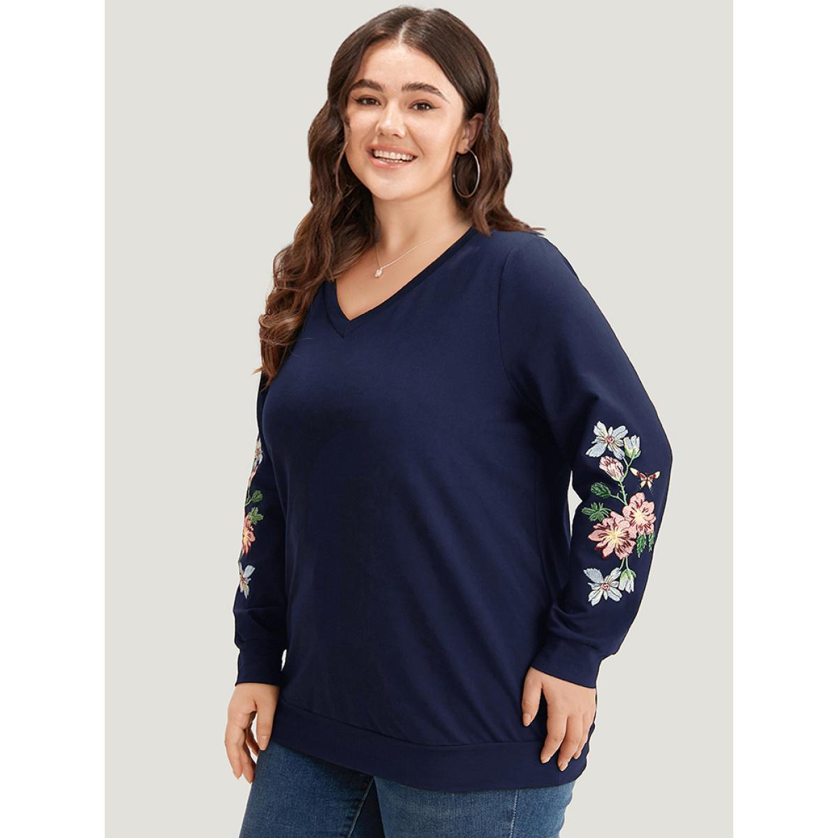 Plus Size Floral Embroidered Elastic Cuffs V Neck Sweatshirt Women Burgundy Elegant Elastic cuffs V-neck Dailywear Sweatshirts BloomChic 30/6X Product Image