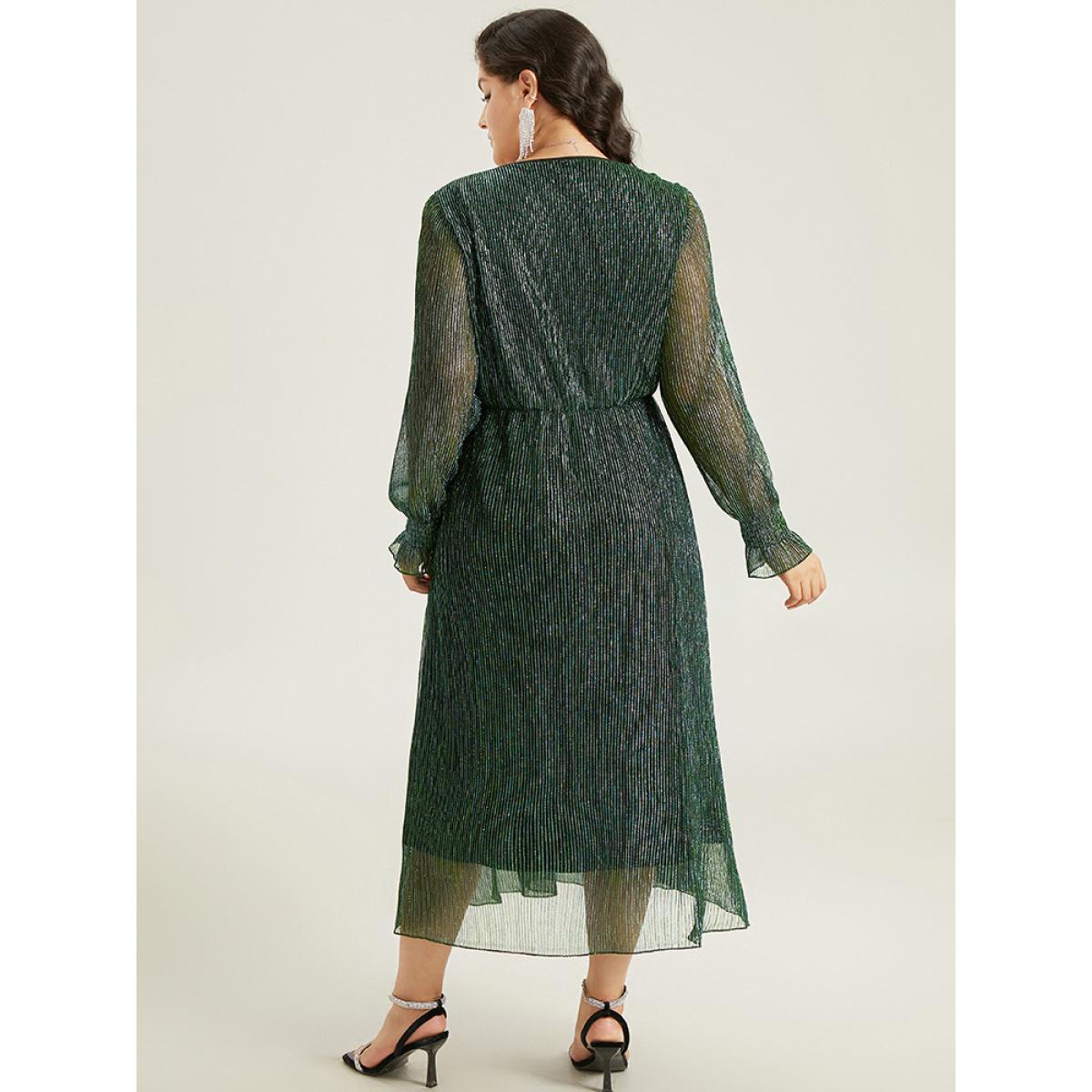 Plus Size Plain Texture Elastic Waist Shirred Mesh Dress DarkGreen Women Cocktail Texture V-neck Long Sleeve Curvy Midi Dress BloomChic 14-16/1X Product Image