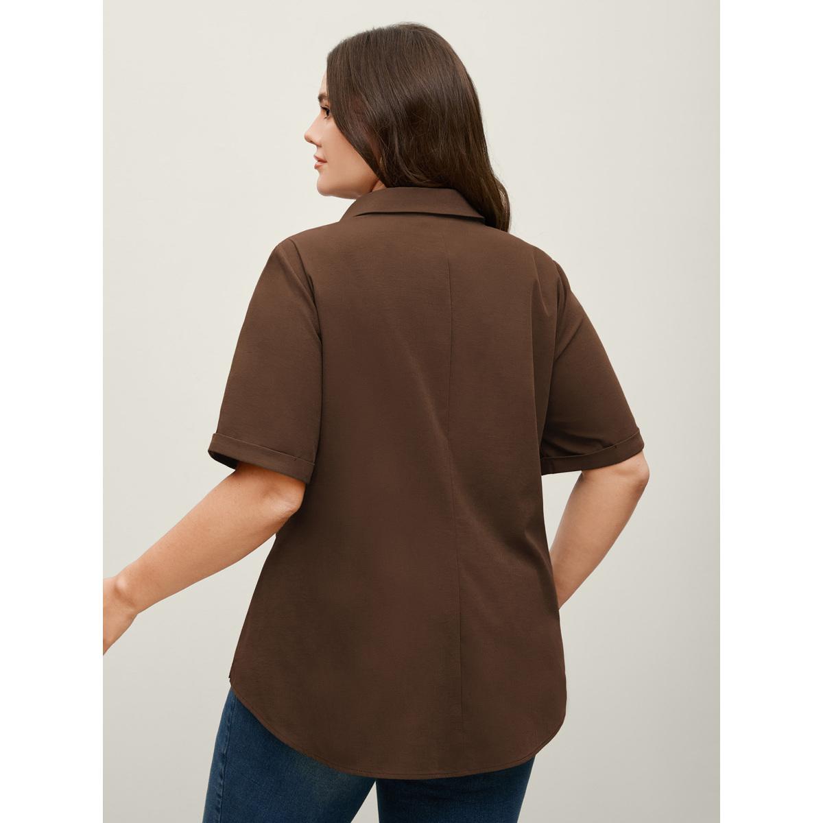 Plus Size DarkBrown Knotted Front Asymmetrical Hem Blouse Women Office Short sleeve Shirt collar Office Blouses BloomChic 28/5X Product Image
