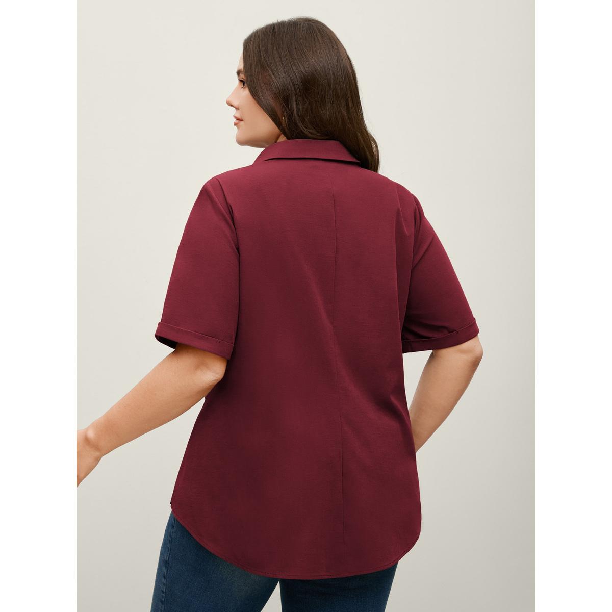 Plus Size Burgundy Knotted Front Asymmetrical Hem Blouse Women Office Short sleeve Shirt collar Office Blouses BloomChic 12/L Product Image