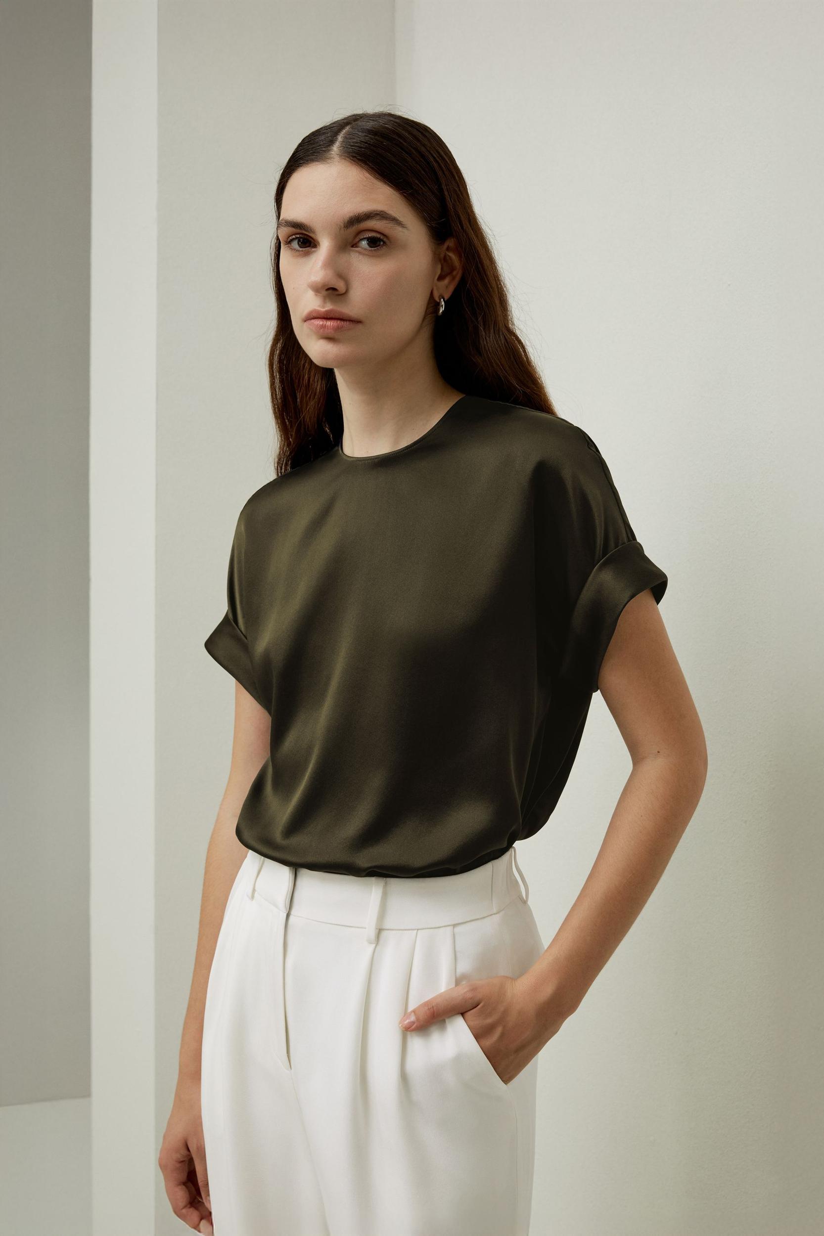 LILYSILK T Shirt Silk - Womens - Navy Blue 100 Silk - Organic Oversized Tops XS Product Image