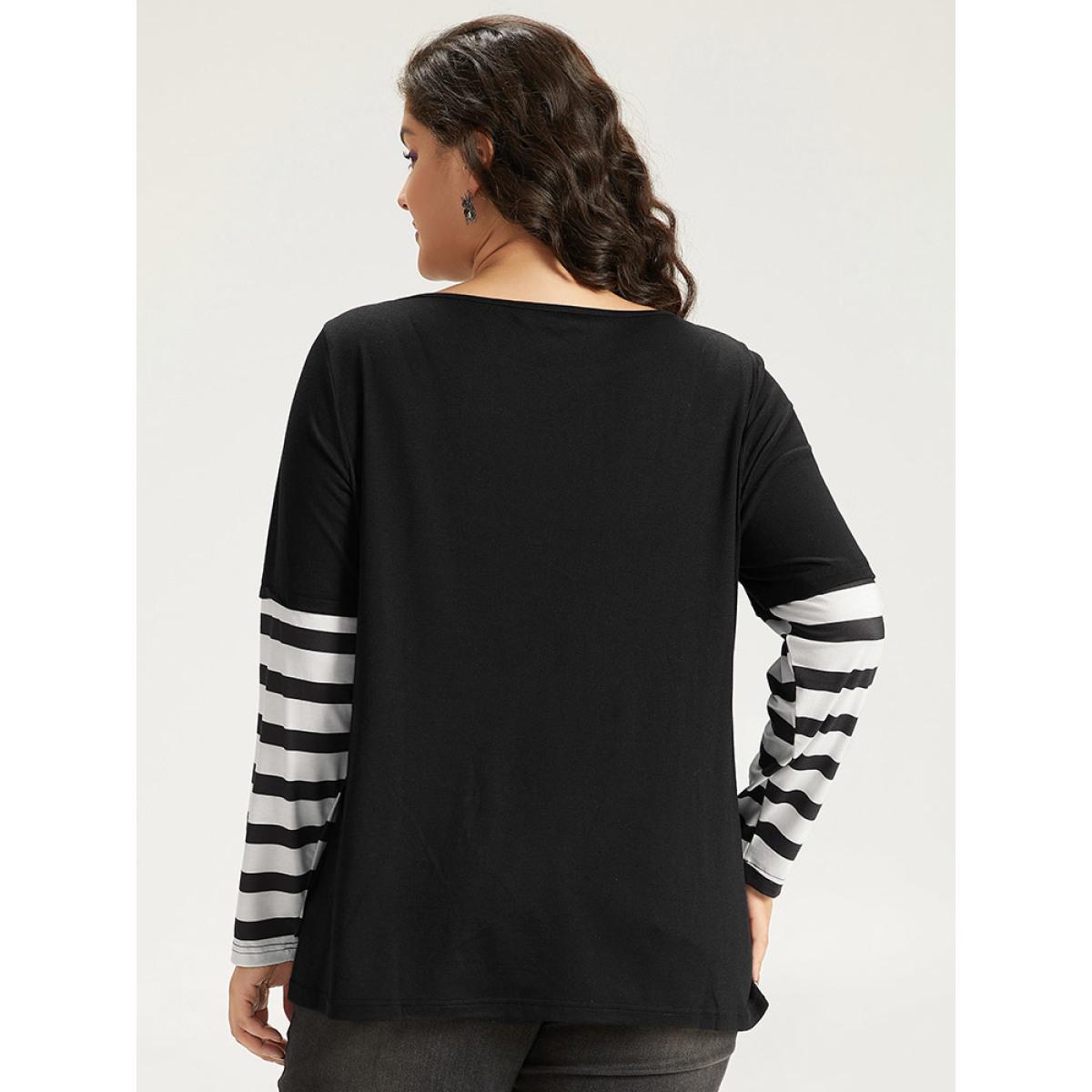 Plus Size Halloween Striped & Skull Print Patchwork T-shirt Black Women Casual Printed Halloween Festival-Halloween T-shirts BloomChic 28/5X Product Image