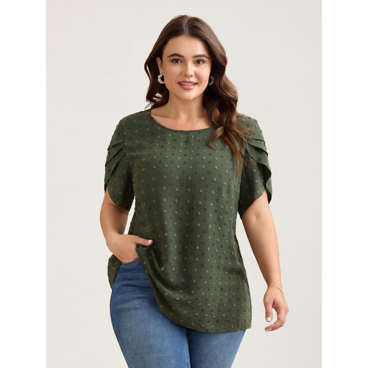 Plus Size ArmyGreen Textured Color Contrast Petal Sleeve Blouse Women Timeless Short sleeve Round Neck Elegant Blouses BloomChic 28/5X Product Image