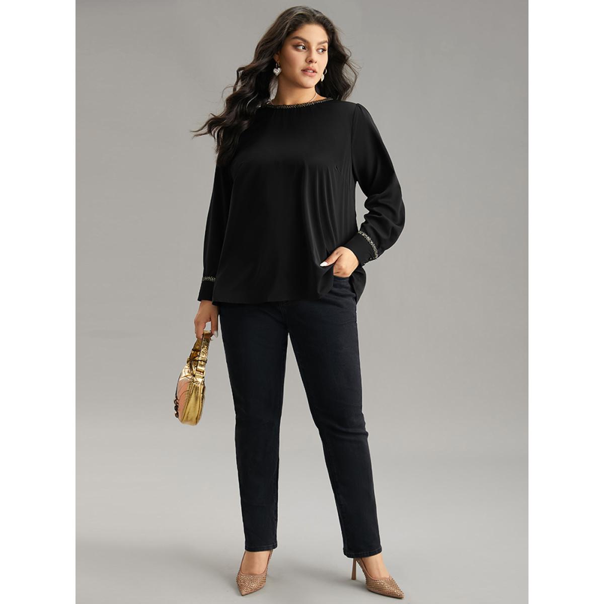 Plus Size Black Plain Contrast Webbing Crew Neck Blouse Women Office Long Sleeve Round Neck Office Blouses BloomChic 26/4X Product Image