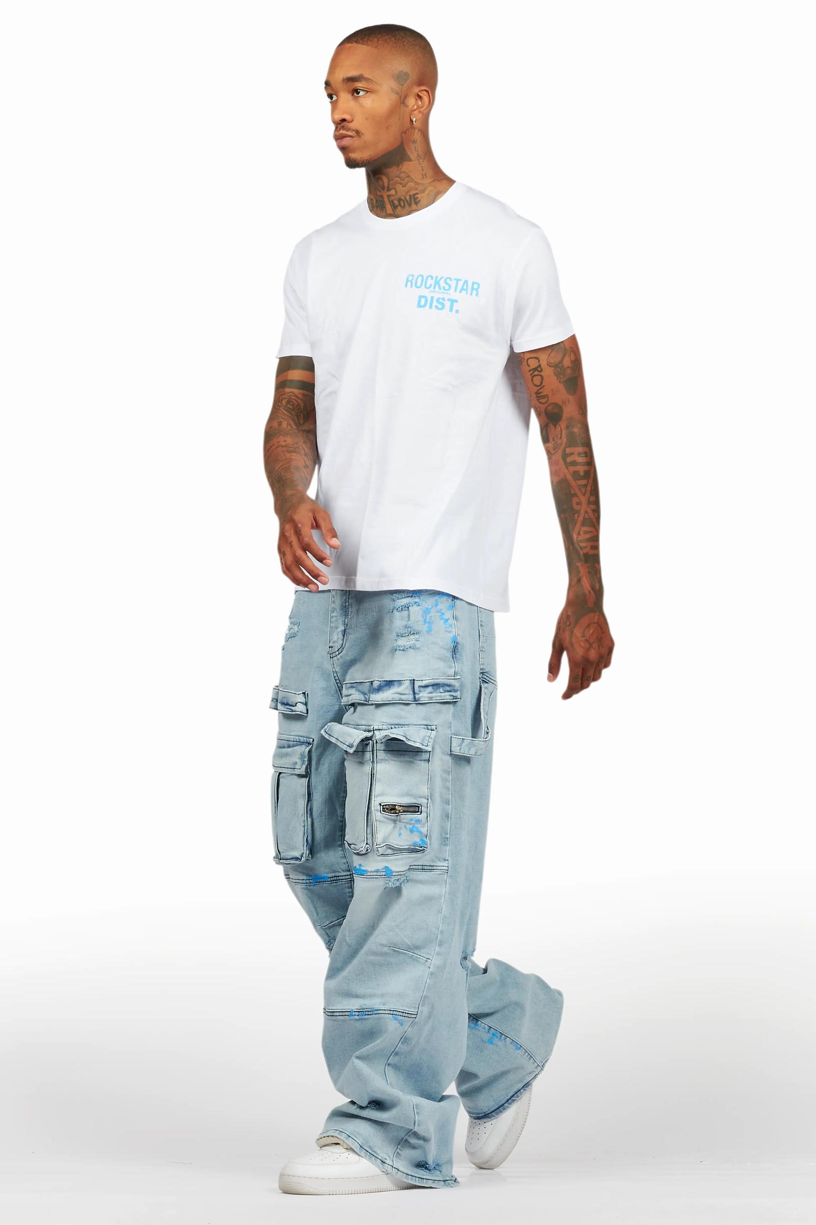 Lake White/Blue T-Shirt/Baggy Fit Cargo Jean Set Male Product Image