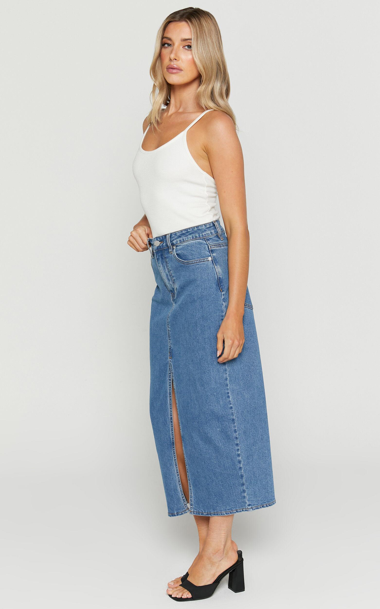 Anaya Midi Skirt - Denim Skirt in Mid Blue Wash Product Image