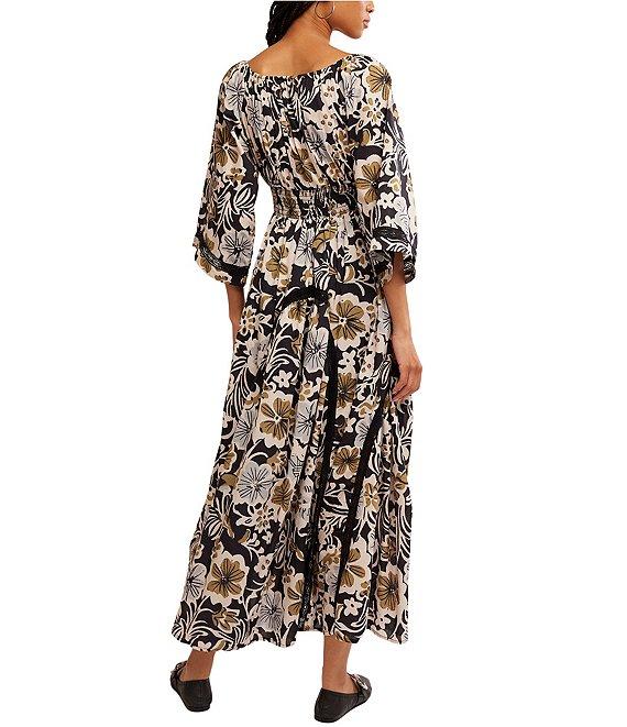 Free People Printed Dixie V Neck 3/4 Sleeve Maxi Dress Product Image