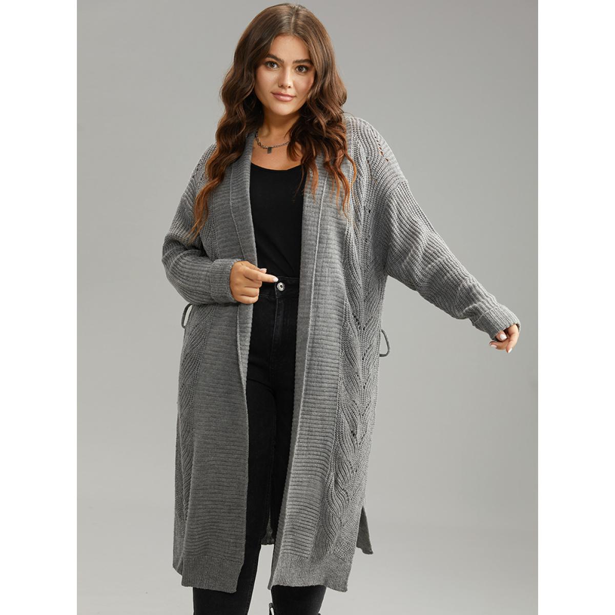 Plus Size Plain Split Hem Ties Texture Cardigan Gray Women Casual Loose Long Sleeve Dailywear Cardigans BloomChic 26/4X Product Image