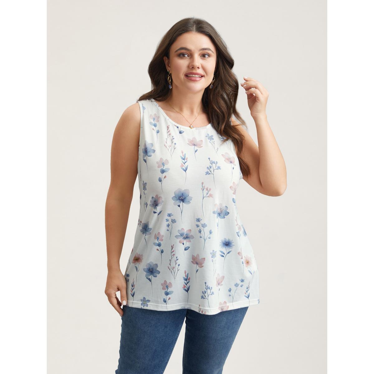 Plus Size Stretchy Floral Print Fitted Vest Women WhiteSmoke Leisure Non Round Neck Casual Tank Tops Camis BloomChic 30/6X Product Image