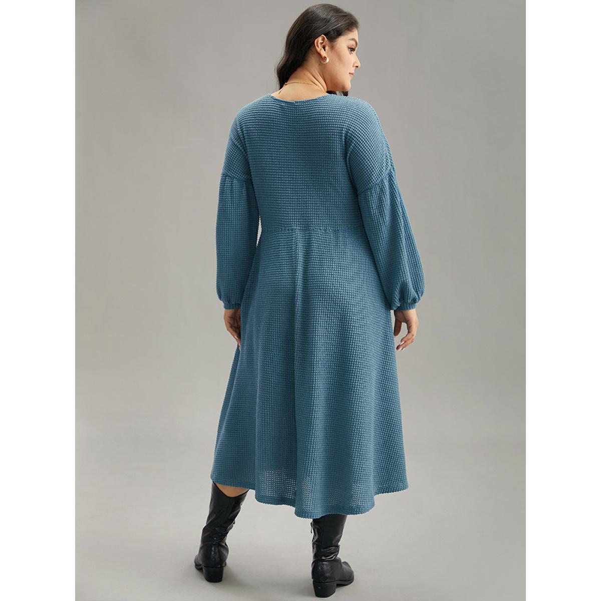Plus Size Solid Waffle Knit Pocket Lantern Sleeve Dress Aegean Women Casual Texture V-neck Long Sleeve Curvy Midi Dress BloomChic 22-24/3X Product Image