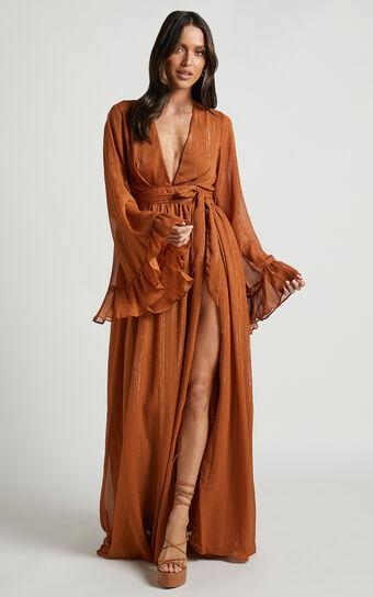 Dangerous Woman Maxi Dress - Plunge Thigh Split Dress in Rust Product Image