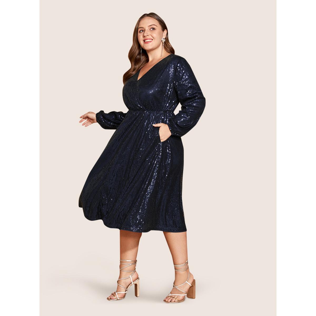 Plus Size Solid Pocket Lantern Sleeve Wrap Sequin Dress DarkBlue Women Party Pocket Overlap Collar Long Sleeve Curvy Midi Dress BloomChic 14-16/1X Product Image