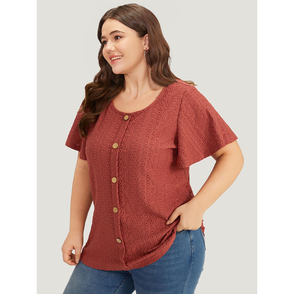 Plus Size Embroidered Button Detail Crew Neck Flutter Sleeve T-shirt Rust Women Elegant Texture Plain Round Neck Dailywear T-shirts BloomChic 18-20/2X Product Image