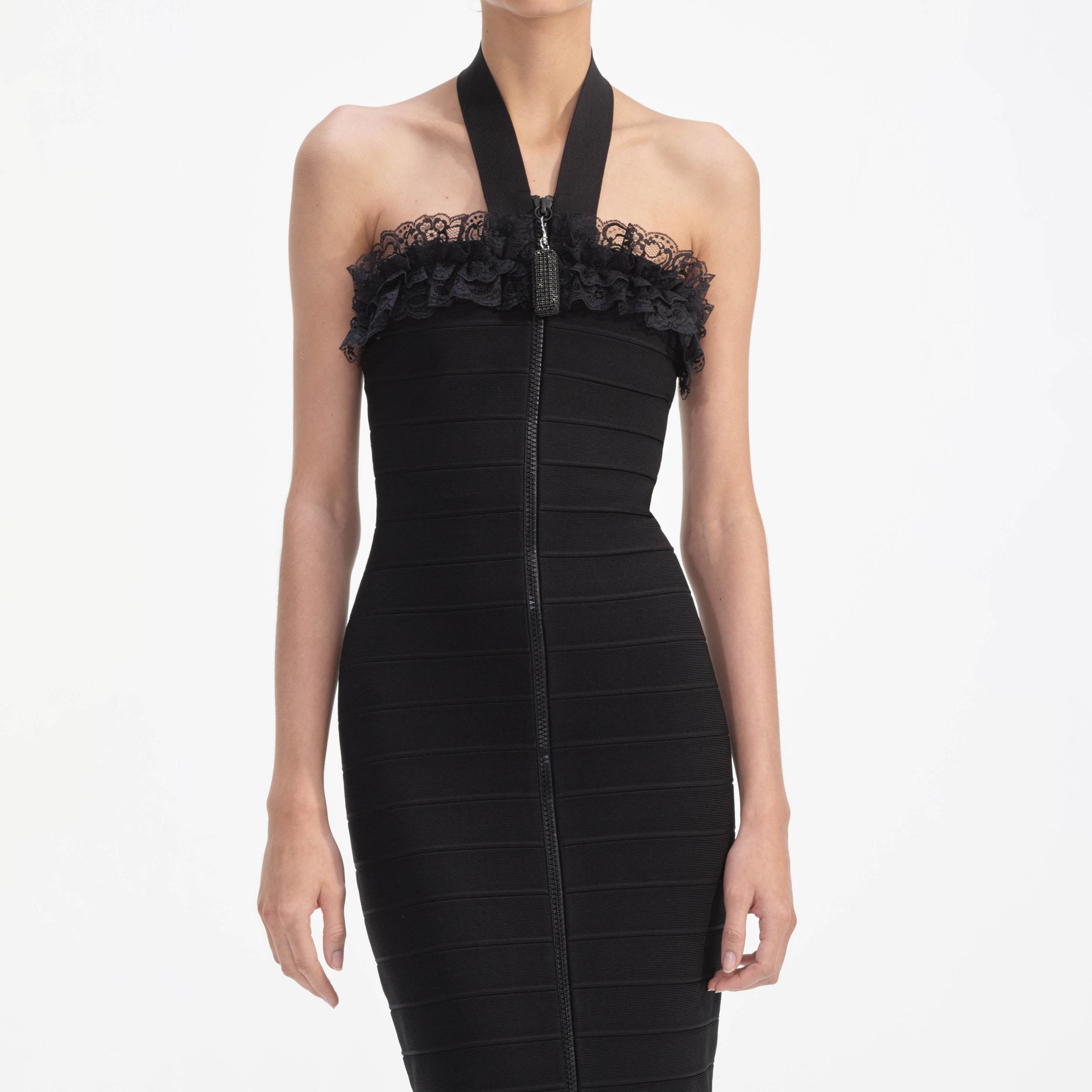 Black Knit Zip Ruffle Midi Dress Product Image