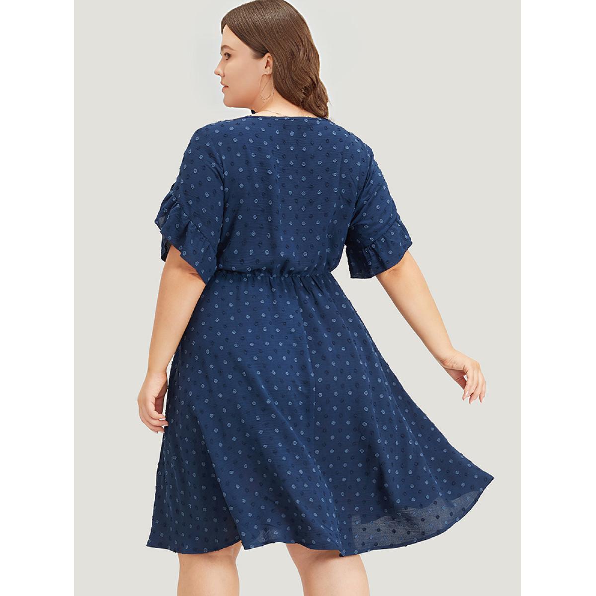 Plus Size Polka Dot Pocket Cut Out Petal Sleeve Dress DarkBlue Women Office Plain Round Neck Short sleeve Curvy Midi Dress BloomChic 12/L Product Image