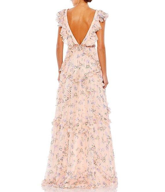 Mac Duggal Floral Print Tiered Ruffle Hem Deep V-Neck Sleeveless Embellished Waist Open Back Gown Product Image