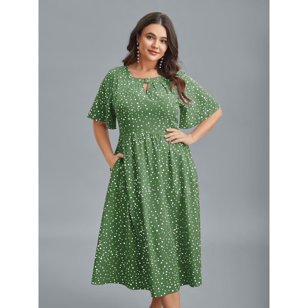Plus Size Polka Dots Print Cut-Out Flutter Sleeve Midi Dress Greenbean Women Elegant Pleated Round Neck Short sleeve Curvy BloomChic 28/5X Product Image