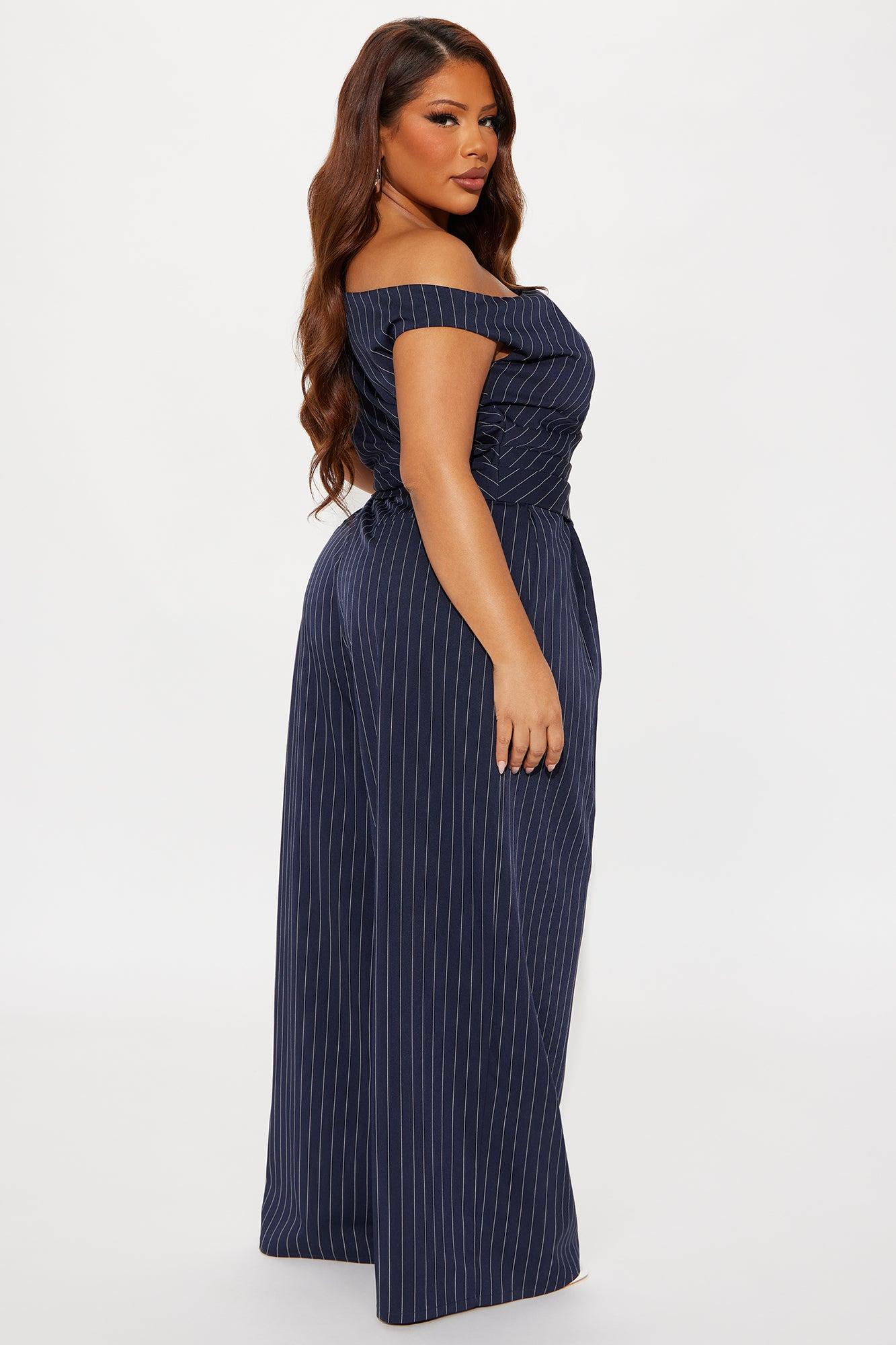 All Business Pinstripe One Shoulder Pant Set - Navy Female Product Image