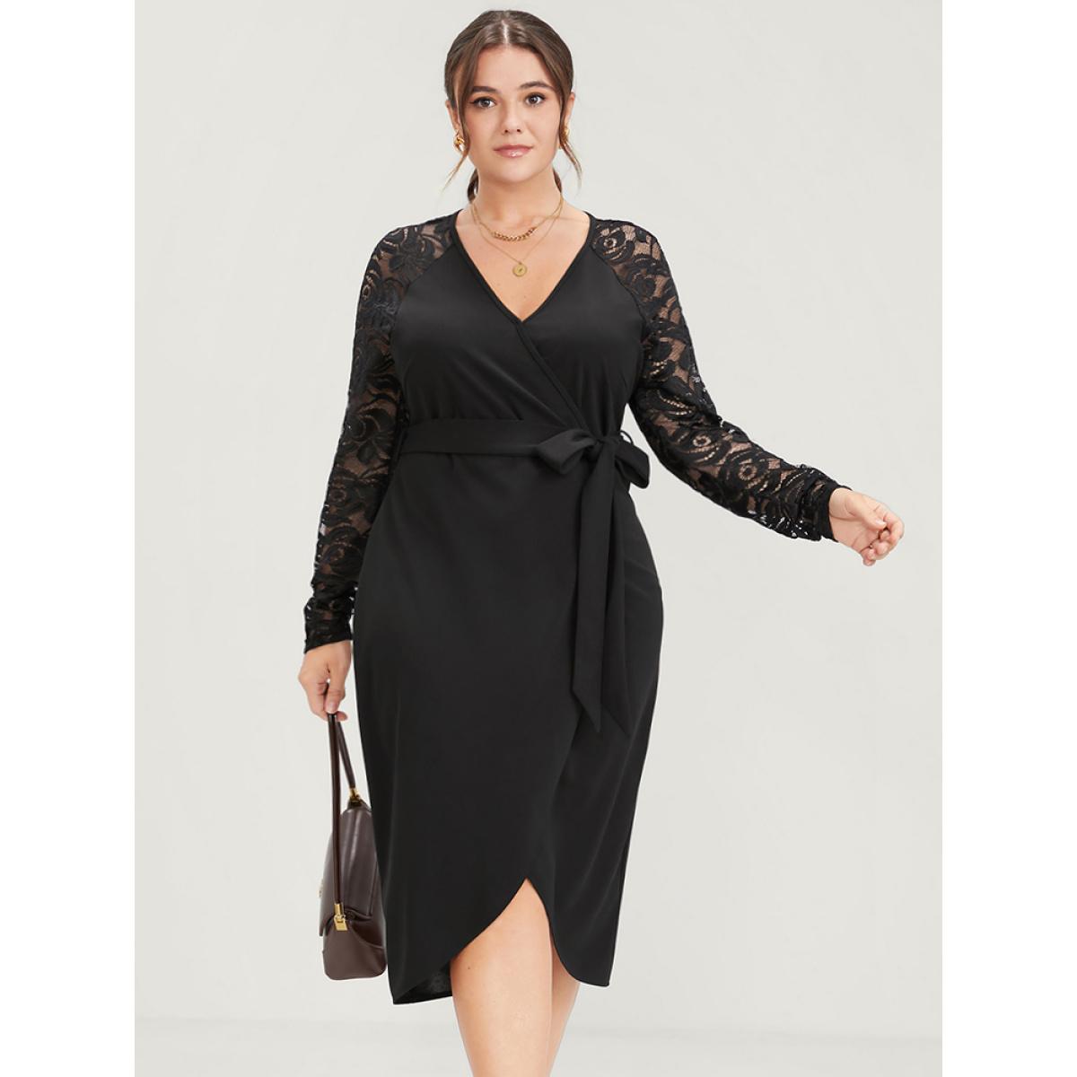 Plus Size Solid Button Eyelet Lace Belted Wrap Knee Dress Black Women Elegant Cross straps V-neck Long Sleeve Curvy Midi Dress BloomChic 18-20/2X Product Image