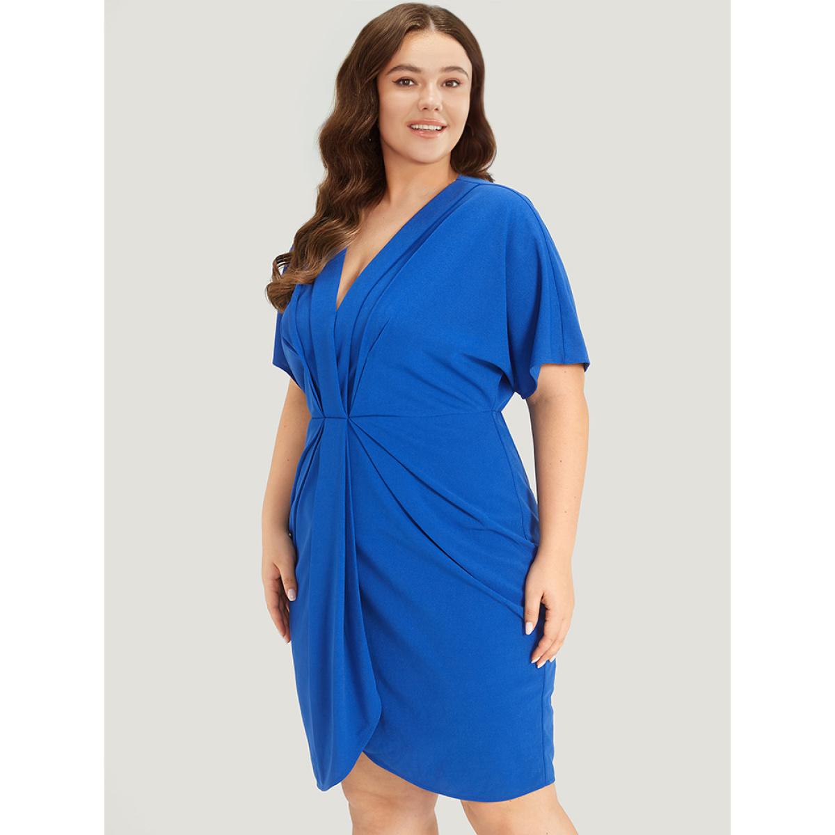 Plus Size Plain Shawl Neck Pleated Batwing Sleeve Dress Blue Women Glamour Plain V-neck Short sleeve Curvy Knee Dress BloomChic 12/L Product Image