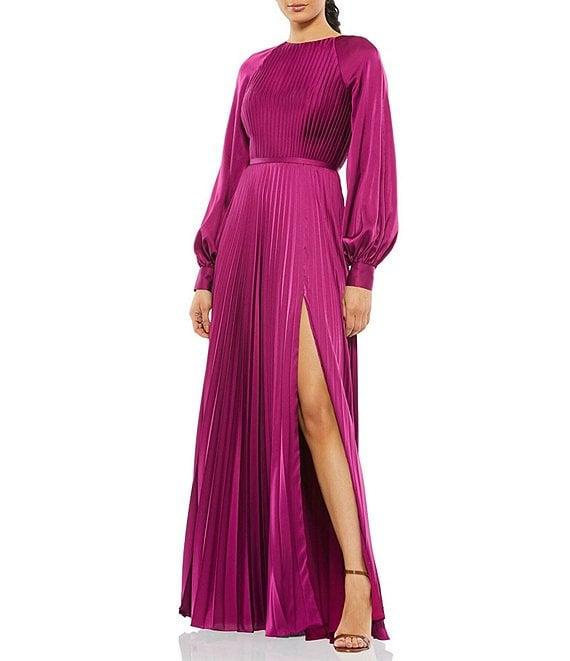 Mac Duggal Crew Neck Long Blouson Cuff Sleeve Pleated High Slit Gown Product Image