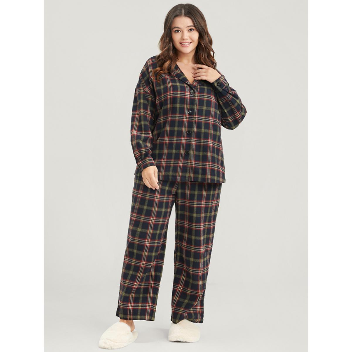Plus Size Plaid Pocket Button Through Pajama Set Women DarkBlue Plaid Button Long Sleeve Shirt collar Casual Loungewear Sets BloomChic 10/M Product Image